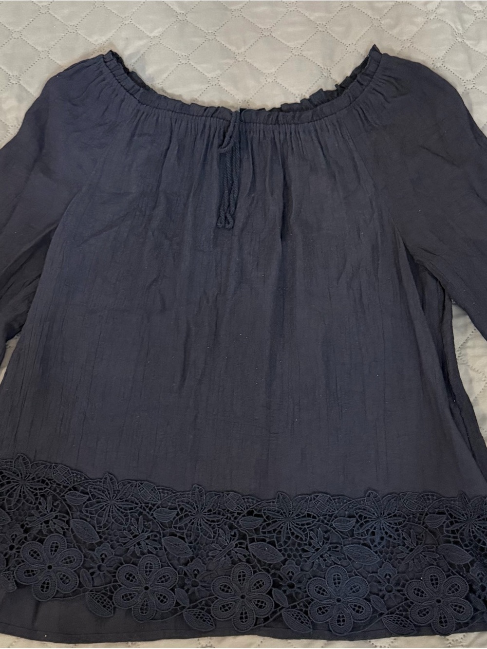 Cato Navy Off-Shoulder Peasant Blouse with Crochet Hem